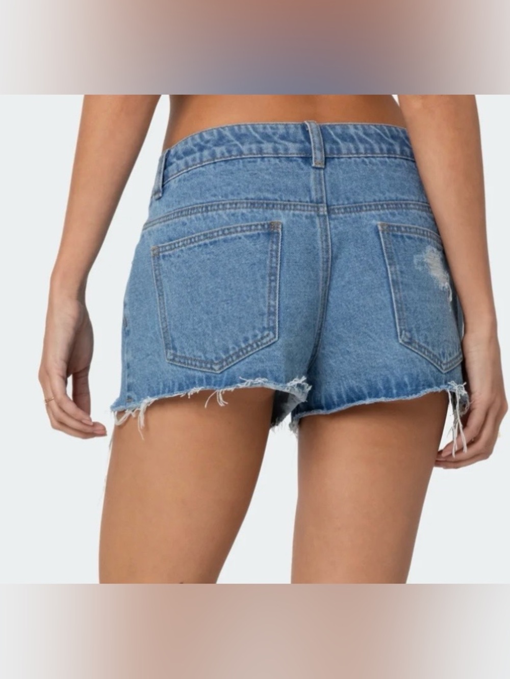 Edikted Mid Rise Distressed Denim Shorts - Picture 2 of 9